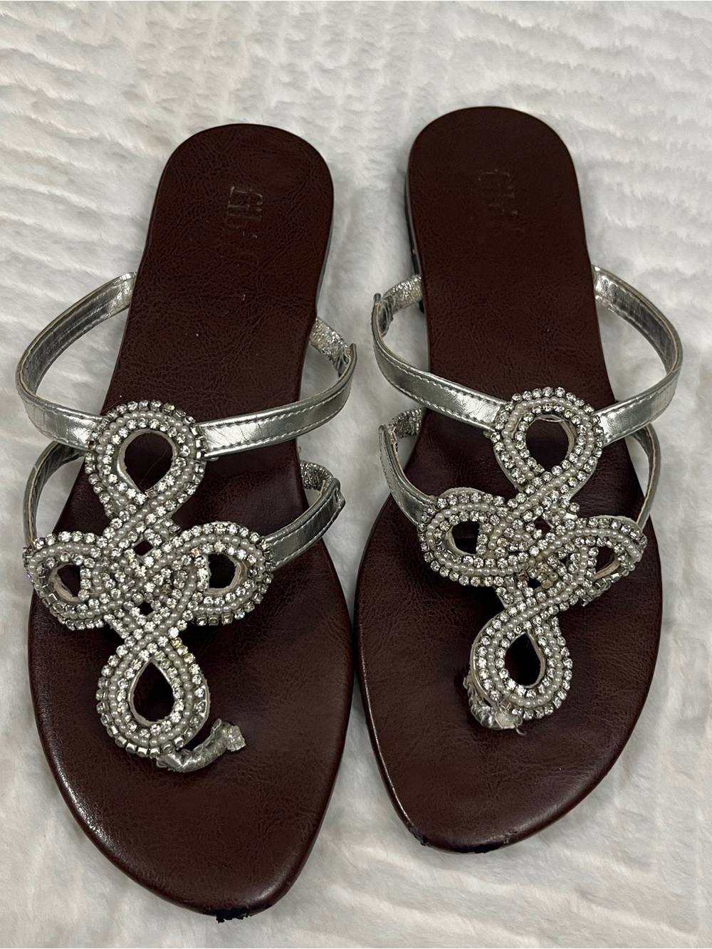 Fibi & Clo Silver Jeweled Slide Sandals size 8 Rhinestone Detail bling sequin